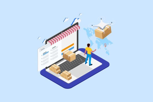 无人机交付主题2.5D等距插画矢量素材v3 Drones Delivery Isometric Illustration – T2