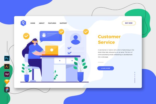 客户服务-创意网站着陆页UI设计模板 Customer Service – Web & Mobile Landing Page