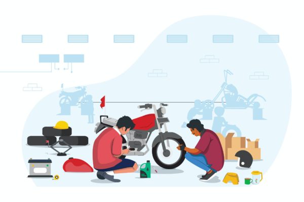 摩托车维修车间矢量插画素材 Motorcycle Repair at Workshop Illustration