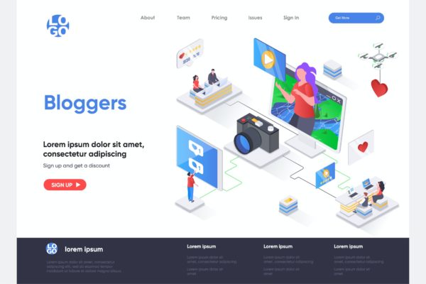 时尚博主主题等距概念插画网站着陆页模板 Bloggers Isometric Landing Page Template