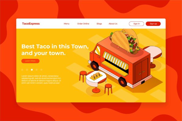 玉米卷卡车主题等距插画网站Banner&着陆页设计模板 Taco Truck Isometric – Banner & Landing Page