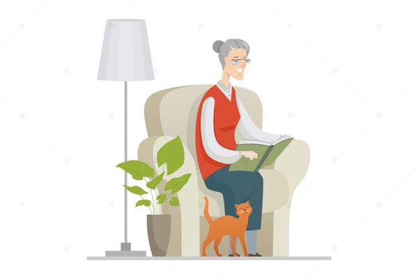 老奶奶阅读场景扁平设计插画素材 Senior woman reading – flat design illustration