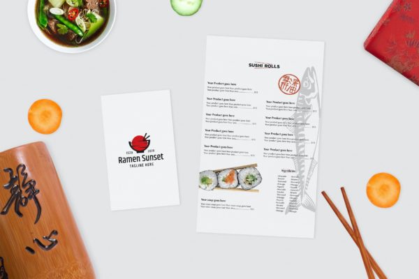 亚洲美食品牌形象卡片VI样机 Asian Food Identity Mock Up