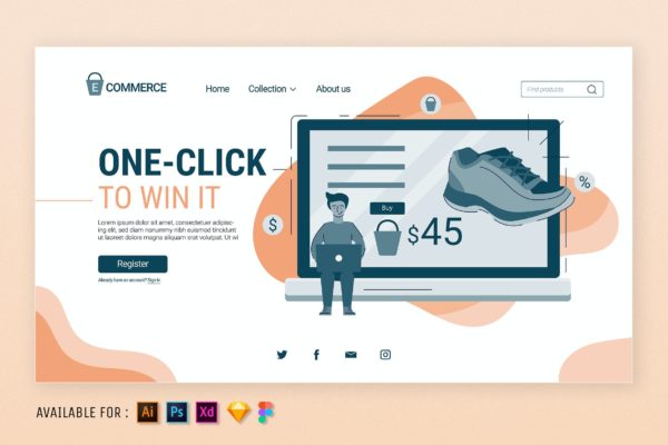 网上购物平台网站设计矢量插画 One Click to Shopping  – Web Illustration