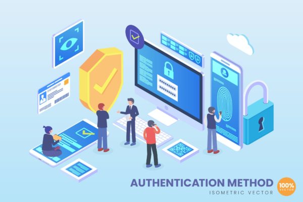 身份验证方法主题2.5D矢量等距概念插画 Isometric Authentication Method Vector Concept