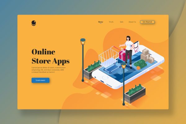 网上商店App应用主题等距插画网站着陆页设计素材 Online Store Apps – Isometric Landing Page