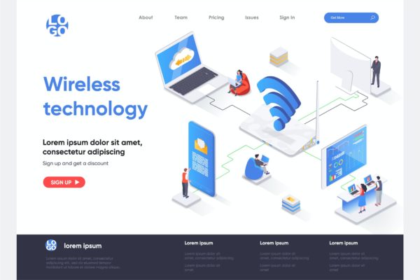 无线技术主题网站着陆页面等距插画模板 Wireless Tech Isometric Landing Page Template