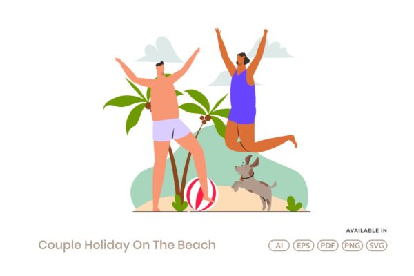 情侣海滩度假人物插画矢量素材 Couple Holiday On The Beach