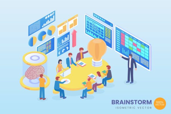 头脑风暴主题2.5D矢量等距概念插画 Isometric Brainstorm Vector Concept