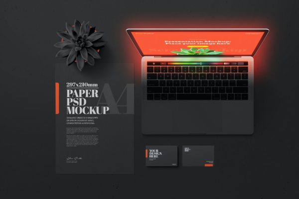 黑色场景笔记本电脑&企业文具样机 Laptop with Black Stationery Mockup