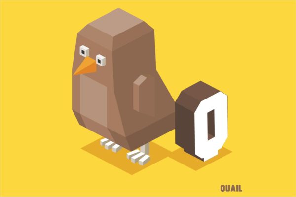 字母Q鹌鹑动物英文字母识字卡片设计2.5D矢量插画素材 Q for Quail. Animal Alphabet