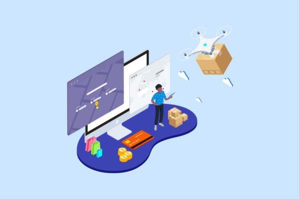 无人机交付主题2.5D等距插画矢量素材v6 Drones Delivery Isometric Illustration – T2
