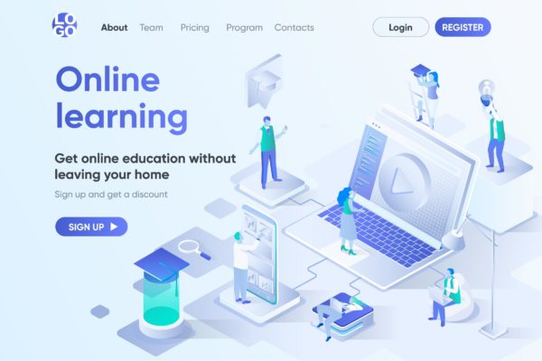 在线学习主题网站设计等距概念插画 Online Learning Isometric Concept Landing Page