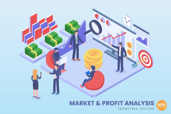 市场与利润分析主题2.5D矢量等距概念插画  Isometric Market And Profit Analysis Vector