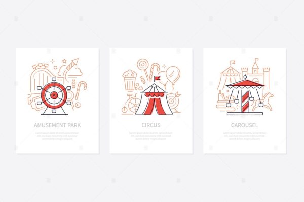 游乐场概念主题线条设计风格网站APP启动页插画 Funfair concept – line design style banners set