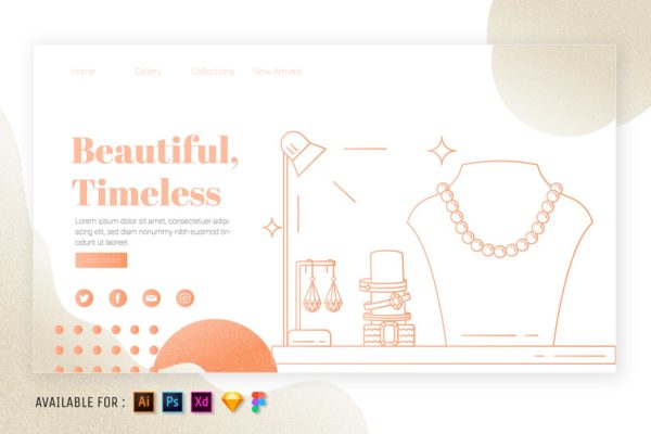 珠宝陈列-网站着陆页线性插画矢量素材 Jewelry Display – Web Outline Illustration