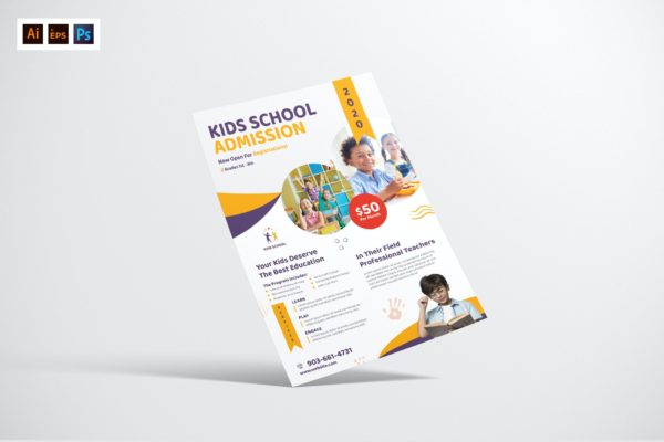 幼儿园开学季传单PSD&AI素材 Kid’s School Admission Flyer