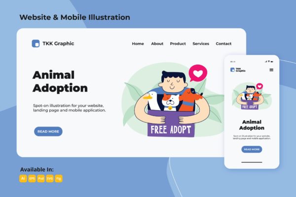 动物收养插画网站着陆页设计模板[Web&手机版本] Animal adoption web and mobile