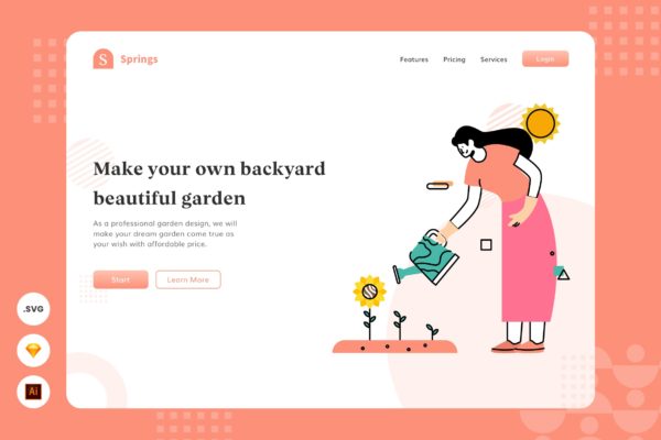 花卉浇水主题网页头部插画设计素材 Your Own Garden – Website Header – Illustration