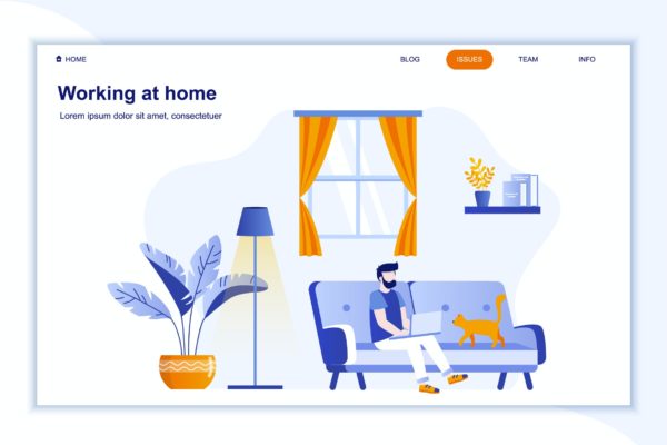 居家办公概念扁平设计风格着陆页插画素材 Working at Home Landing Page Flat Concept