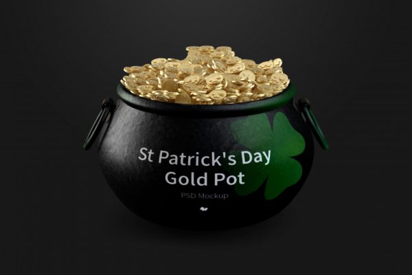 圣帕特里克节金币罐前视图样机 Saint Patrick’s day Pot of Gold Mockup, Front View