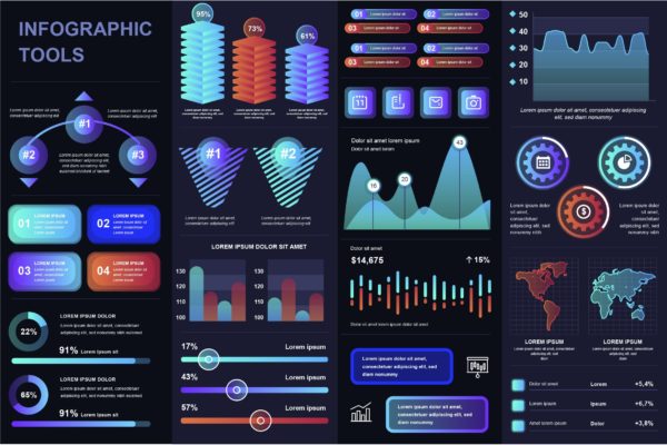 深色设计风格信息图表UI/UX元素套件 Dark Infographic UI, UX, KIT Elements