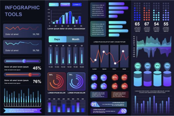 暗黑风格信息图表UI/UX元素套件 Dark Infographic UI, UX, KIT Elements