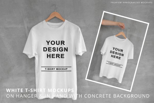 混凝土背景衣架白色T恤样机 White T-Shirt on Hanger with Concrete Background