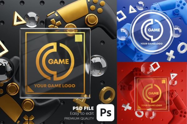 游戏手柄&玻璃Logo样机素材包 Gaming Glass Logo Mockup Gamepad Pack