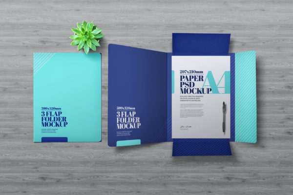 办公文具翻盖文件夹俯视图样机素材 Flap Folder Mockup