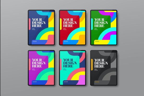 等距视图黑色iPad平板电脑屏幕展示样机合集 Tablet Black Set Mockup