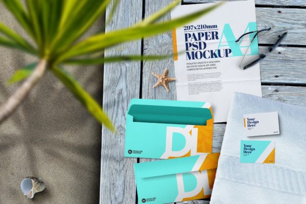 信纸&信封&名片样机素材 Stationery A4 Envelope DL Business Card Mockup