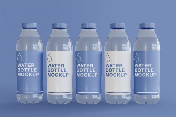 5个塑料水瓶包装设计正视图样机 Five Bottles Mockup