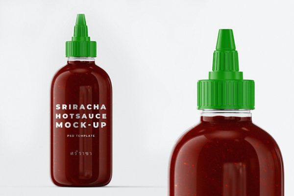 是拉差辣椒酱瓶包装设计样机模板 Sriracha Hot Sauce Bottle Mock-up Template