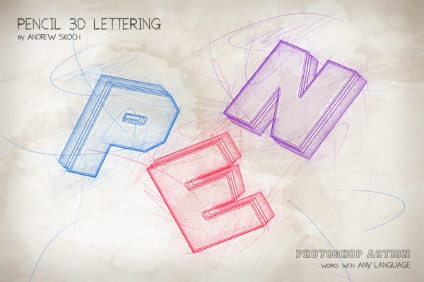 仿真铅笔素描3D刻字效果Photoshop动作 Pencil 3D Lettering – Photoshop Action