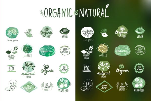 手绘有机食品贴纸&徽章矢量Logo设计素材v5 Organic food stickers and badges