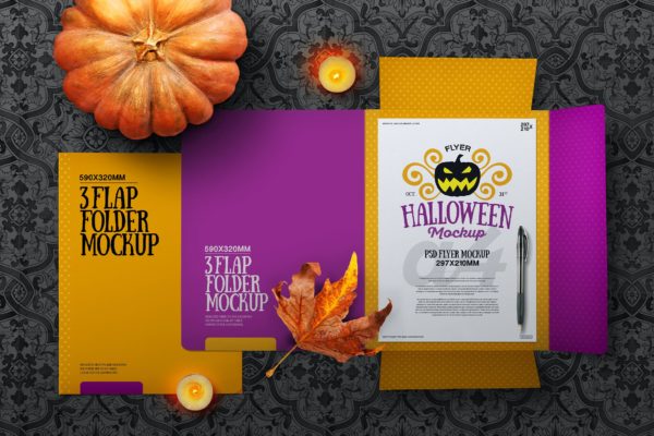秋季万圣节文件夹企业办公文具样机素材 Halloween Autumn Stationery Flap Folder Mockup