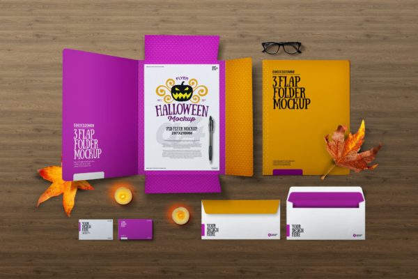 秋季万圣节元素翻盖文件夹办公文具样机素材 Halloween Autumn Stationery Flap Folder Mockup