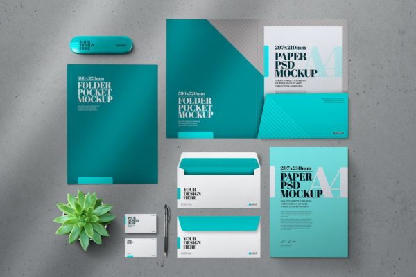 信纸/DL信封/口袋式文件夹企业文具样机素材 Stationery DL Envelope Folder Pocket Mockup