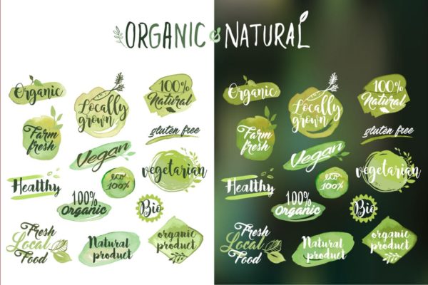 手绘有机食品贴纸&徽章矢量Logo设计素材v2 Organic food stickers and badges