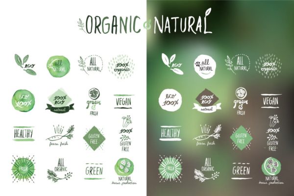 手绘有机食品贴纸&徽章矢量Logo设计素材v7 Organic food stickers and badges