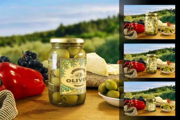 食物场景橄榄罐效果图样机 Stuffed Green Olives Jar Mockup