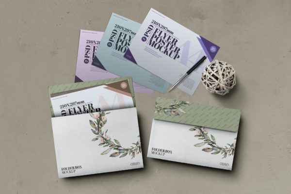 A4尺寸海报文件夹纸板盒样机素材 A4 Flyer Poster Folder Cardboard Box Mockup