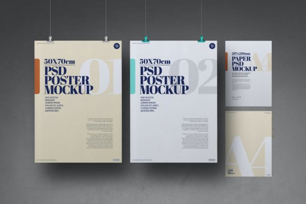 悬挂50x70cm/A4尺寸纸张海报样机素材 Hanging Posters 50×70 A4 Paper Mockup