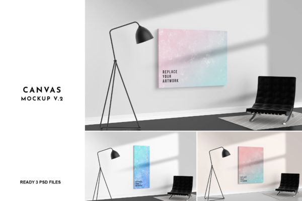 3个不同尺寸的逼真艺术画布样机设计Psd素材v2 3 Psd Canvas Mockup V.2