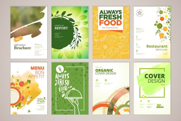 天然有机食品推广小册子演示模板 Set of restaurant brochure and menu templates