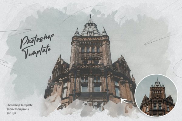 建筑照片转彩铅效果Photoshop样式 Pencil Drawing Photoshop Template