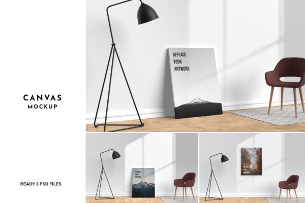 3个逼真艺术画布样机设计Psd素材 3 Psd Canvas Mockup