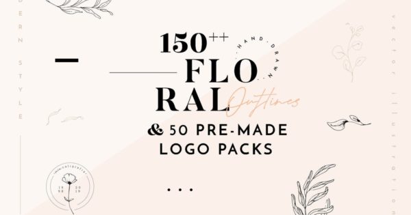 手绘叶子花卉线性插画&Logo设计素材包 Floral Outline Illustration & Logo Pack