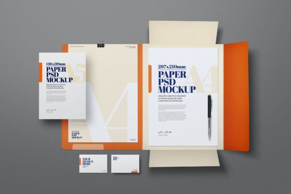 A4/A5信纸传单&名片翻盖文件夹样机素材 Stationery Flyer A4 A5 Business Card Flap Mockup